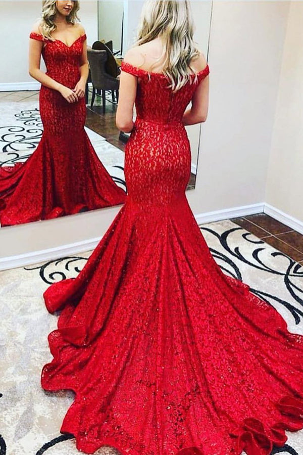 Lace Prom Dresses Mermaid Off the Shoulder Long Formal Evening Gowns