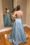 Vestido de fiesta de dos piezas brillante línea A de tul lavanda con apliques