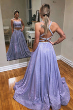 Vestido de fiesta de dos piezas brillante línea A de tul lavanda con apliques