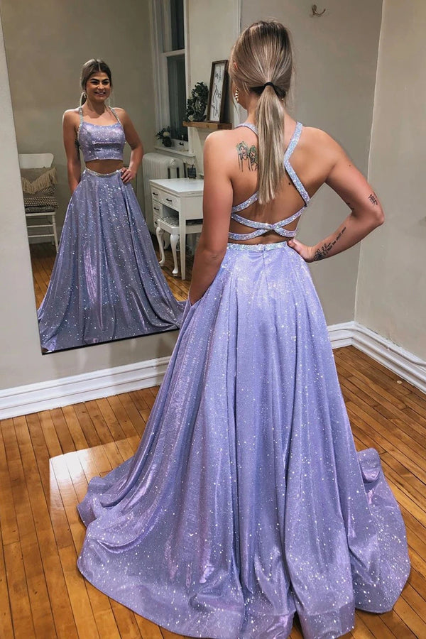 Vestido de fiesta de dos piezas brillante línea A de tul lavanda con apliques