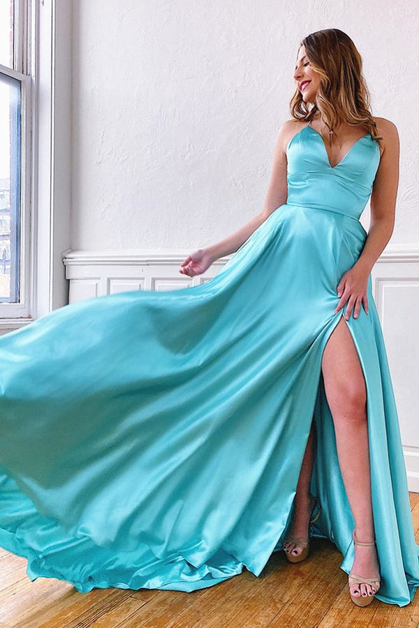 Einfaches Satin-Abendkleid mit V-Ausschnitt, Spaghettiträgern, Spitze und A-Linie, lang, mit Schlitz
