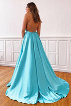 Einfaches Satin-Abendkleid mit V-Ausschnitt, Spaghettiträgern, Spitze und A-Linie, lang, mit Schlitz