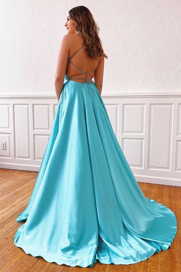 Einfaches Satin-Abendkleid mit V-Ausschnitt, Spaghettiträgern, Spitze und A-Linie, lang, mit Schlitz