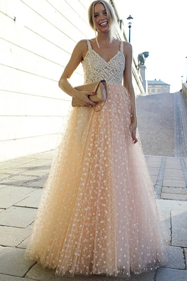 Vestidos de Noche con Brillo, Línea A, Tirantes, Cuentas, Vestido Largo y Hermoso para Fiesta de Graduación