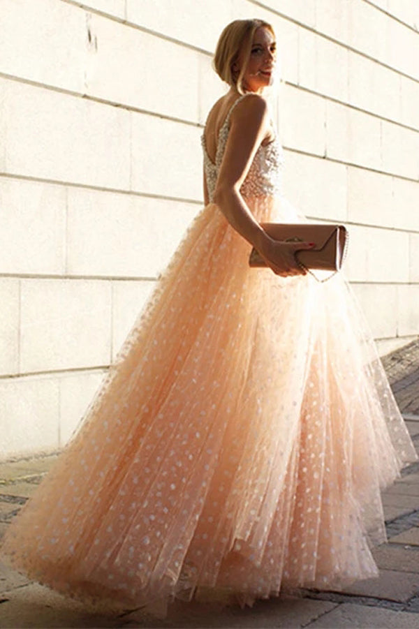 Vestidos de Noche con Brillo, Línea A, Tirantes, Cuentas, Vestido Largo y Hermoso para Fiesta de Graduación