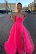 Vestido de Fiesta Largo con Escote en V, Tirantes Finos, Tul y Corte en A, Modesto y con Abertura