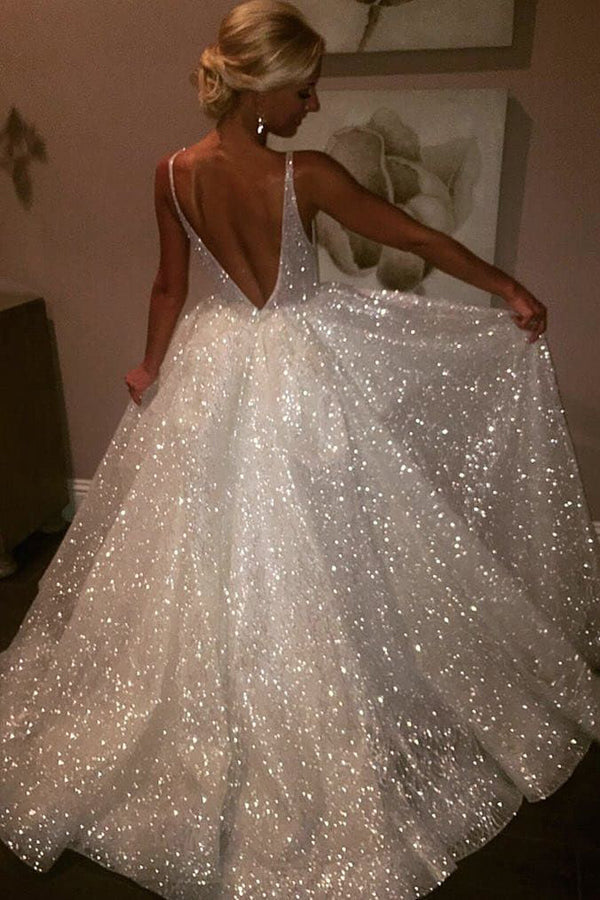 Prom Dresses V-neck A-line Short Train Sparkly Beautiful Backless Prom Dress