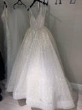 Prom Dresses V-neck A-line Short Train Sparkly Beautiful Backless Prom Dress
