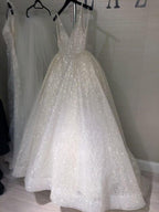 Prom Dresses V-neck A-line Short Train Sparkly Beautiful Backless Prom Dress