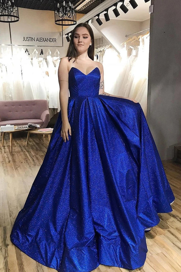 Glitzer-Tüll trägerloses V-Ausschnitt A-Linien Ballkleid mit Taschen