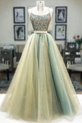 Vestido de noche largo con tirantes finos, con pedrería y dos piezas, barato