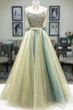 Vestido de noche largo con tirantes finos, con pedrería y dos piezas, barato