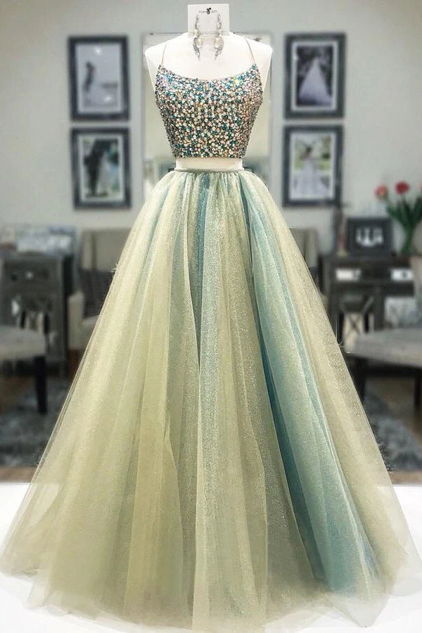 Vestido de noche largo con tirantes finos, con pedrería y dos piezas, barato