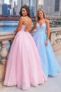 Spaghetti Straps A-Line V-neck Floor-length Tulle Long Prom Dress
