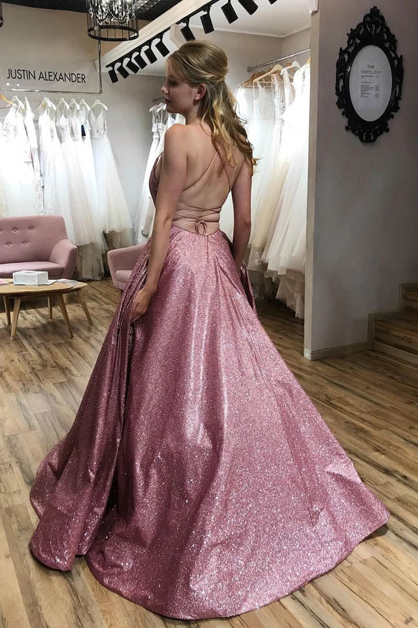 Glitzerndes A-Linien-Abschlussballkleid mit U-Boot-Ausschnitt, Spaghettiträgern, Schleppe und Taschen