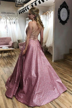 Glitzerndes A-Linien-Abschlussballkleid mit U-Boot-Ausschnitt, Spaghettiträgern, Schleppe und Taschen