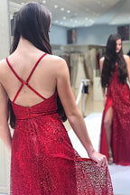Sparkly V-neck Backless A-line Long Prom/Formal Dress With Split