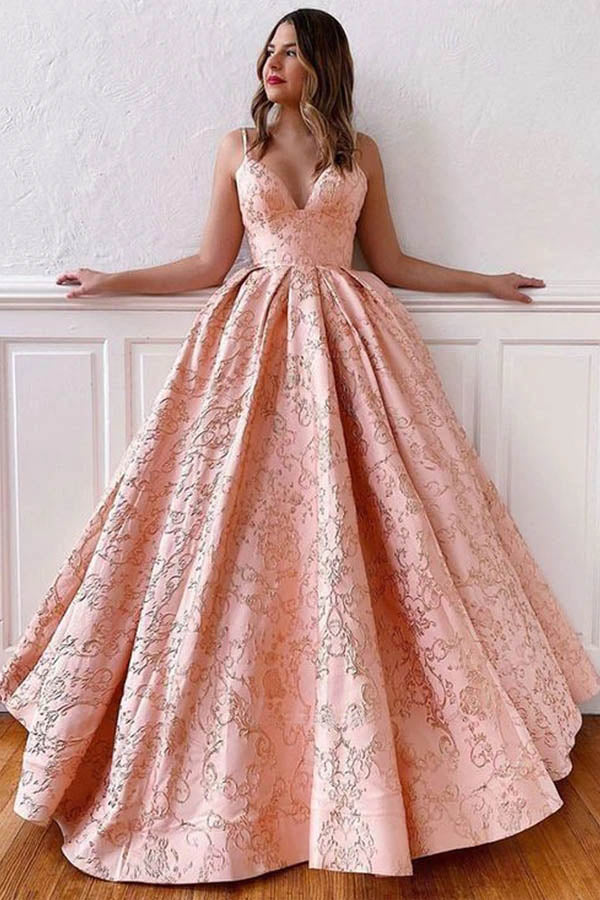 Satin Ball Gown V-neck Straps Cross Back  Long Prom Dresses