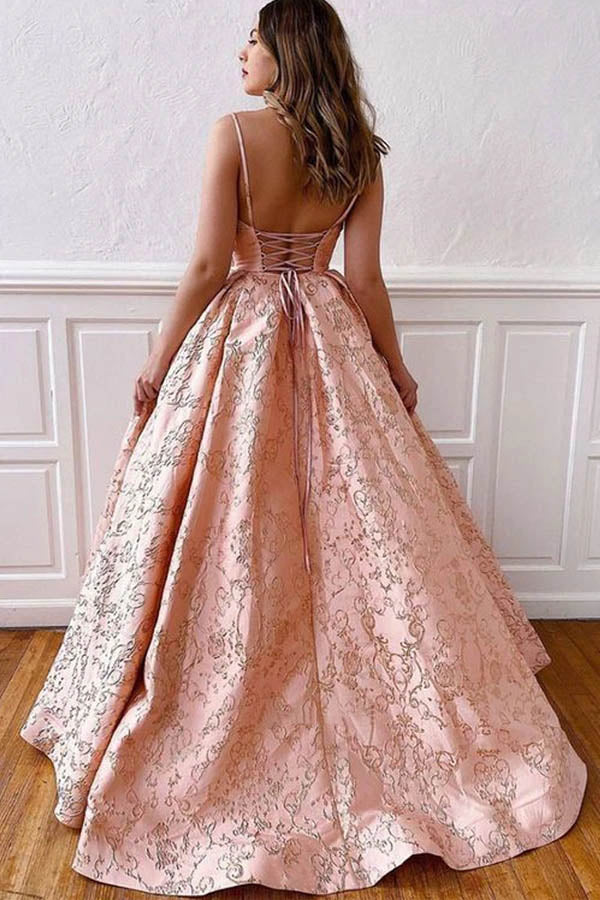 Satin Ball Gown V-neck Straps Cross Back  Long Prom Dresses