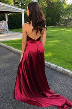 Vestido de fiesta de raso con escote en V, corte en A, tirantes finos, cola y abertura