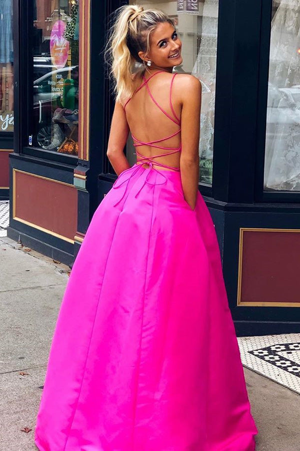 Ball Gown V-neck Cross Back Satin Long Prom Dresses with Pockets Evening Dresses