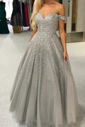 Gorgeous Ball Gown Off the Shoulder Open Back Long Prom Dresses with Beaded,Evening Dresses