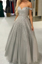 Gorgeous Ball Gown Off the Shoulder Open Back Long Prom Dresses with Beaded,Evening Dresses