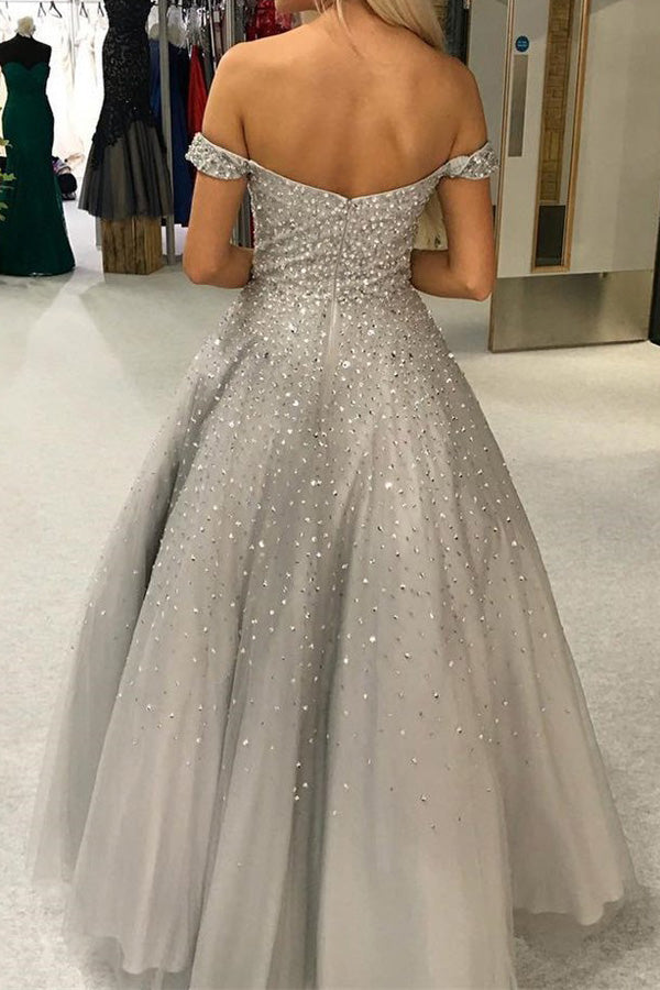 Gorgeous Ball Gown Off the Shoulder Open Back Long Prom Dresses with Beaded,Evening Dresses