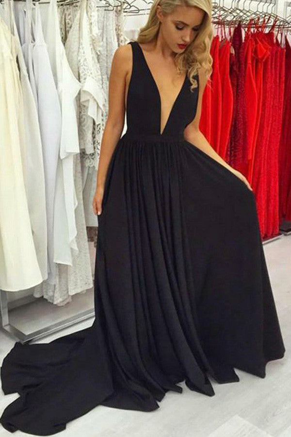 A-line Deep V-neck Open  Satin Long Prom Dresses with Straps,Elegant Evening Dresses