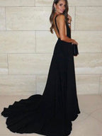A-line Deep V-neck Open  Satin Long Prom Dresses with Straps,Elegant Evening Dresses