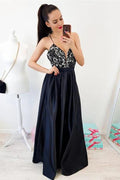 Cute V-neck Spaghetti Straps Cross Back Long Prom Dresses with Lace,Party Dresses