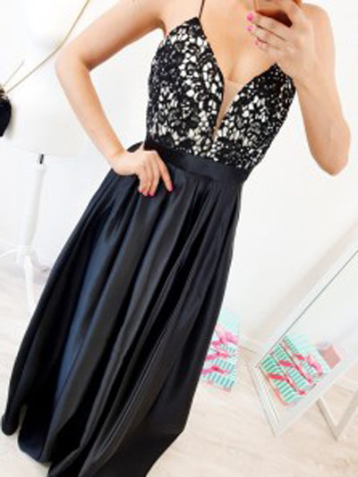 Cute V-neck Spaghetti Straps Cross Back Long Prom Dresses with Lace,Party Dresses