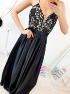 Cute V-neck Spaghetti Straps Cross Back Long Prom Dresses with Lace,Party Dresses