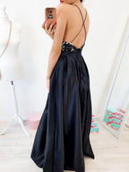 Cute V-neck Spaghetti Straps Cross Back Long Prom Dresses with Lace,Party Dresses