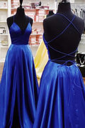 Simple A-line V-neck Spaghetti Straps Cross Back Satin Long Prom Dresses with Pockets