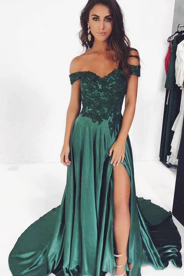 Vestidos de Noche Largos Elegantes de Satén con Abertura y Hombros Descubiertos en Línea A con Apliques