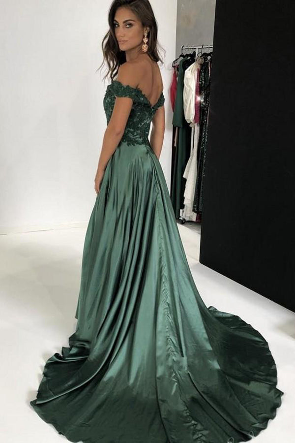 Vestidos de Noche Largos Elegantes de Satén con Abertura y Hombros Descubiertos en Línea A con Apliques