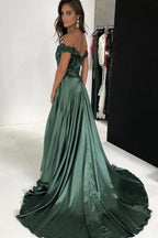 Vestidos de Noche Largos Elegantes de Satén con Abertura y Hombros Descubiertos en Línea A con Apliques