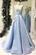 Simple V-neck A-line Satin Long Prom Dresses with Pocket