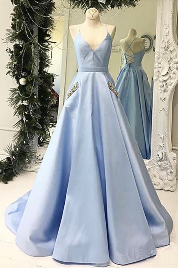 Simple V-neck A-line Satin Long Prom Dresses with Pocket