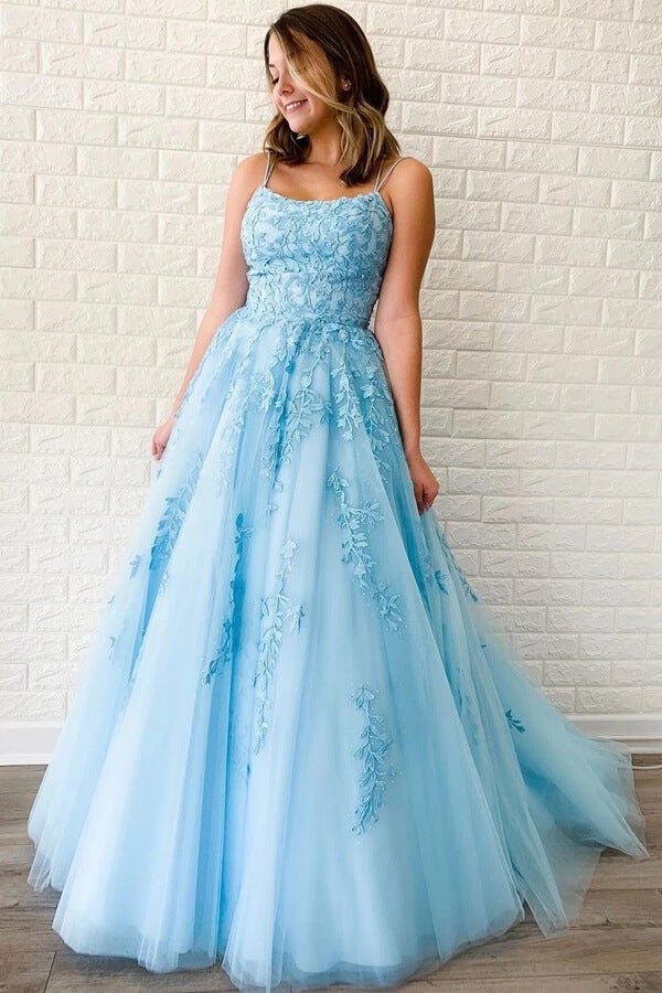 Tulle Spaghetti Straps Scoop A-Line Prom Dresses with Appliques