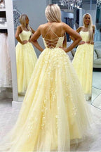 Tulle Spaghetti Straps Scoop A-Line Prom Dresses with Appliques