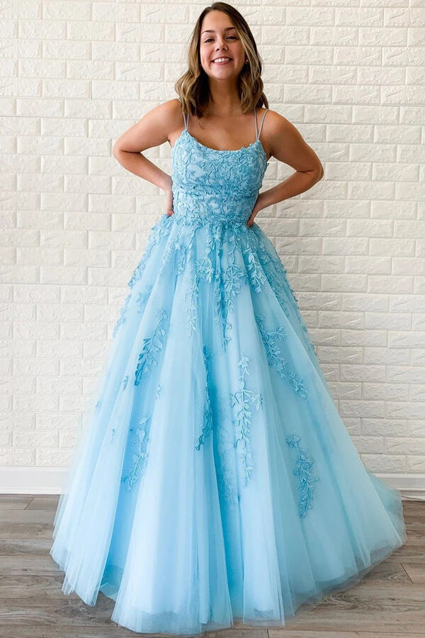 Tulle Spaghetti Straps Scoop A-Line Prom Dresses with Appliques