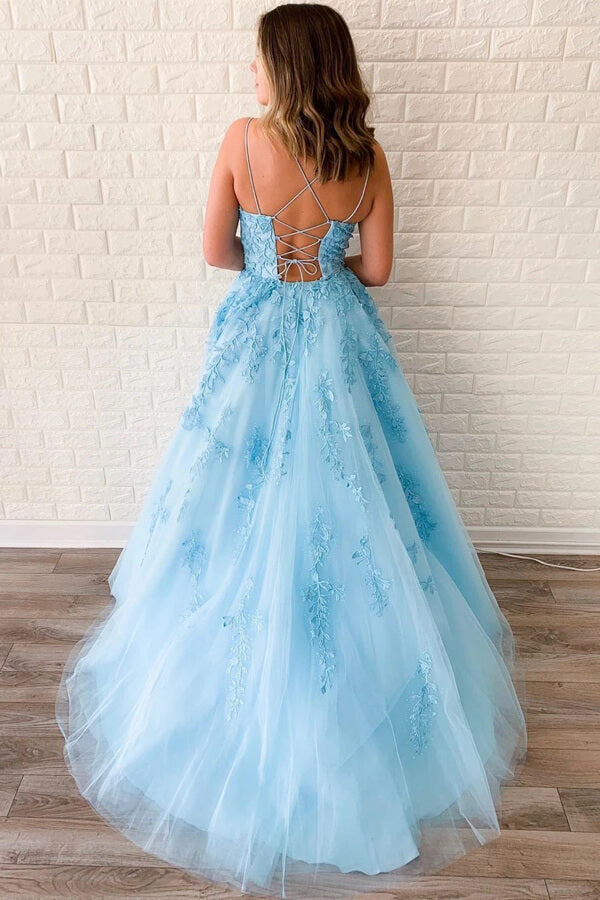 Tulle Spaghetti Straps Scoop A-Line Prom Dresses with Appliques