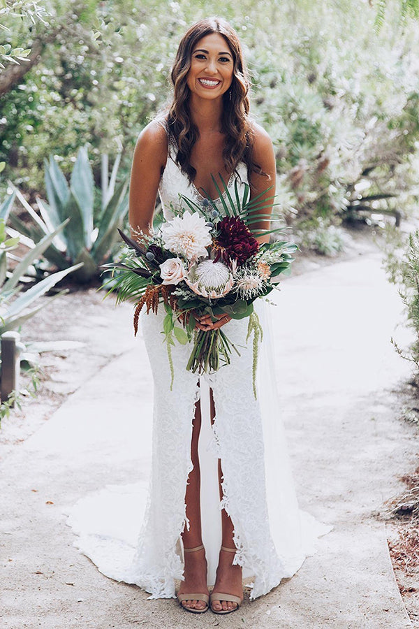 Gorgeous White Deep V-Neck Lace Mermaid Wedding Dress with Split