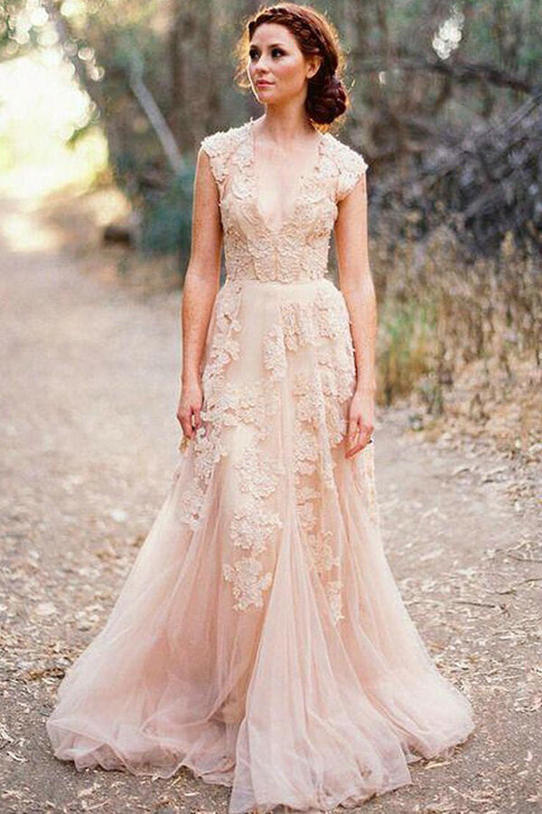 Wunderschöne, ärmellose, bodenlange Brautkleider aus Tüll mit V-Ausschnitt und Applikationen, 