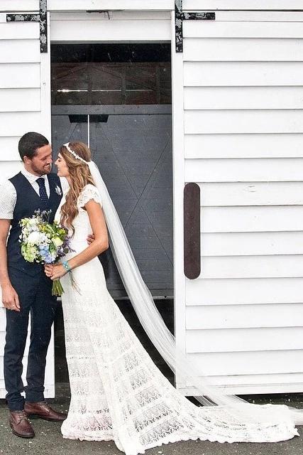 Lace Boho Mermaid Backless Cap Sleeve Bohemian Wedding Dresses