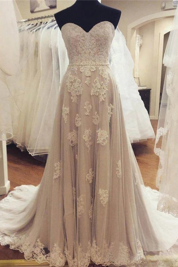 Lace A-line Strapless Sweetheart Neck Appliqued Wedding Dresses