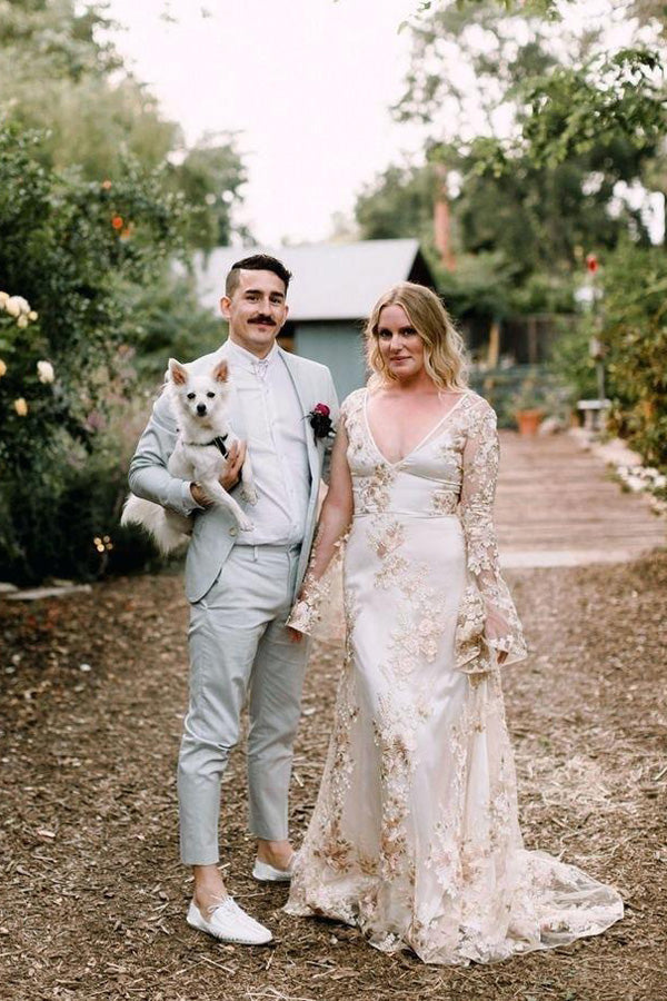 Mermaid Wedding Dress with Chapel Train and Sleeves Embroidery Wedding Gown