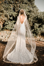 Illusion Neckline Ivory Lave Wedding Dress Long Sleeves Sheath Bridal Dress